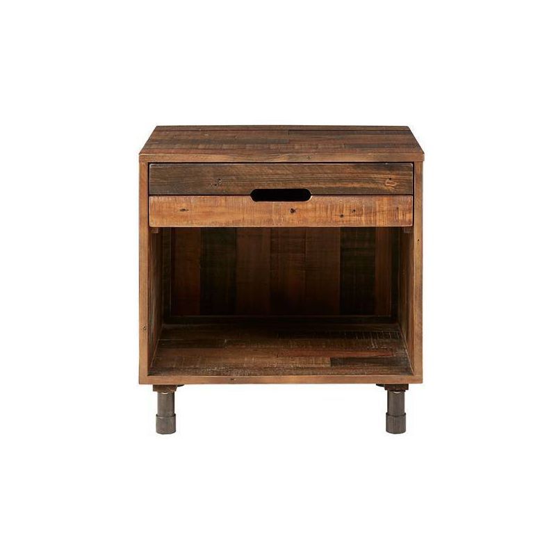 Rustic Industrial Pine Nightstand with Metal Accents, Light Brown