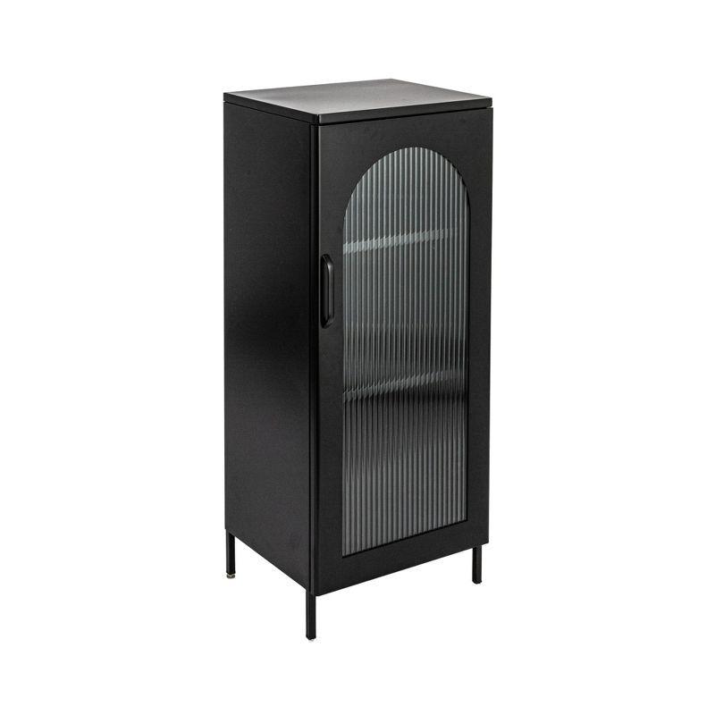 Matte Black Narrow Metal Accent Cabinet with Adjustable Shelves and Arched Glass Door