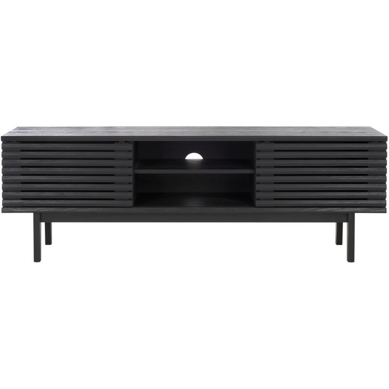 Aricia Black Slatted Wood Media Stand with Cabinets