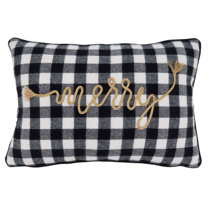 Black and White Embroidered Christmas Plaid Throw Pillow