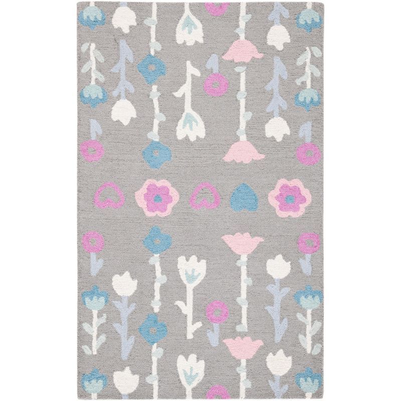 Gray and Pink Floral Hand-Tufted Wool Kids Rug, 3' x 5'