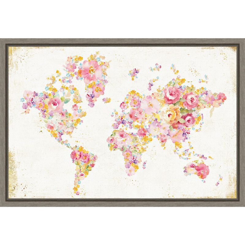 Floral World Map Canvas Print with Gray Polystyrene Frame