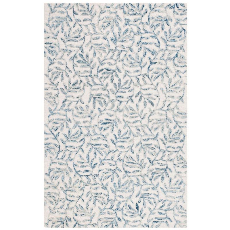 Ivory and Blue Floral Hand-Tufted Wool Area Rug, 5' x 8'