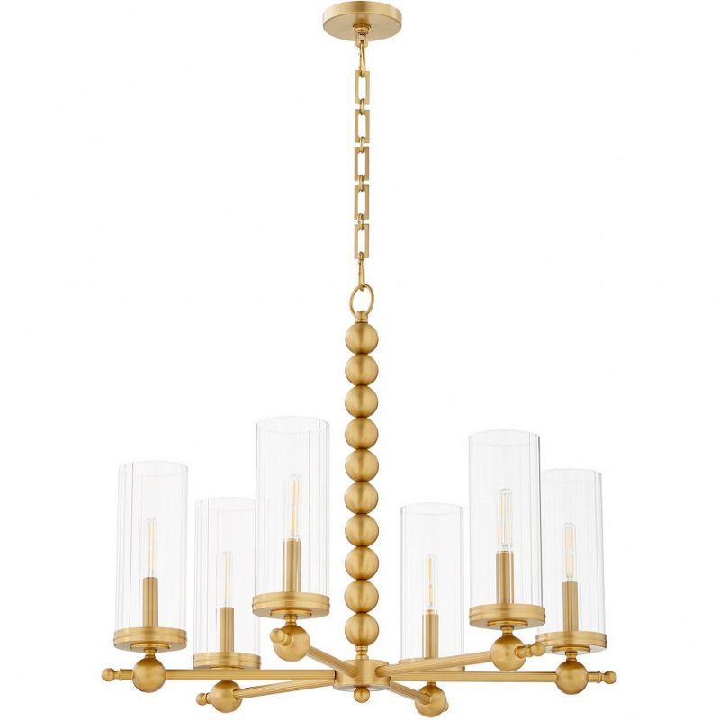 Aged Brass Beaded 6-Light Chandelier with Clear Glass Shades