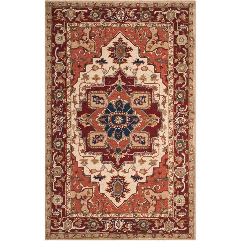 Red and Ivory Floral Hand-Knotted Wool Area Rug