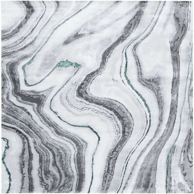 Grey and Green Abstract Hand-knotted Square Area Rug