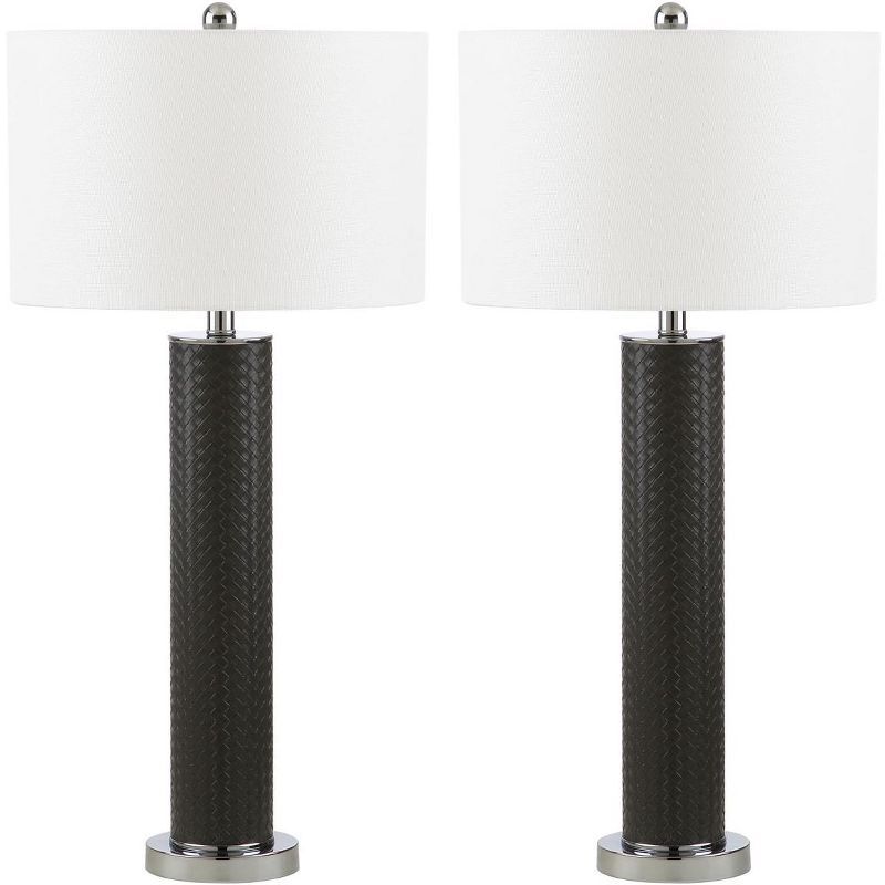 Ollie 31.5" Grey Faux Woven Leather Table Lamp Set with Off-White Shade