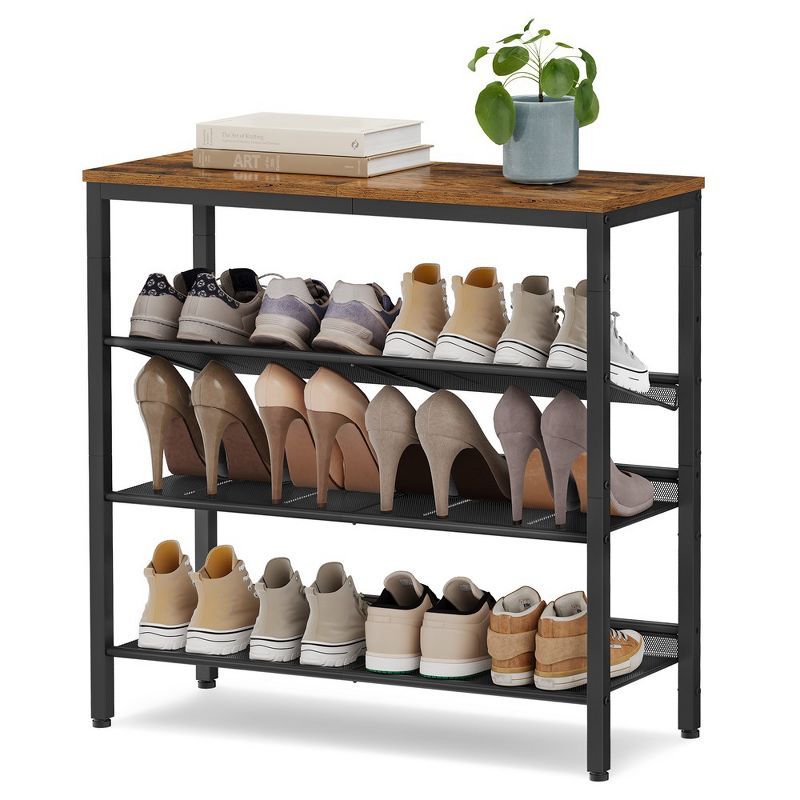 Rustic Brown and Black 4-Tier Metal Shoe Rack with Wooden Top