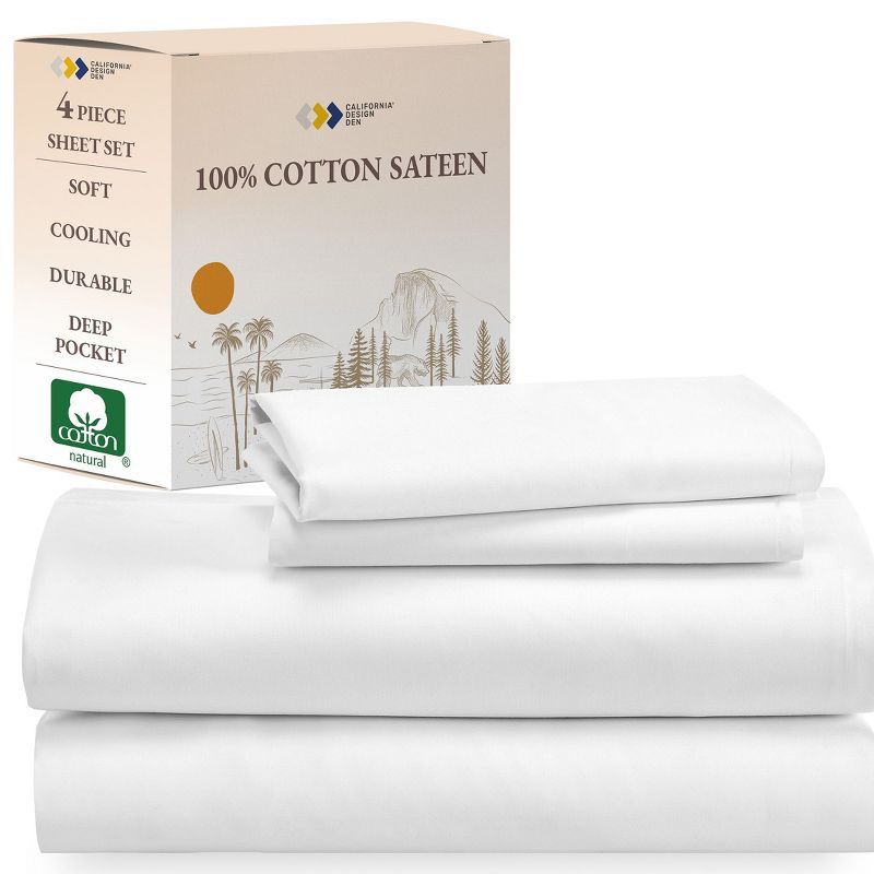 California King Bright White Cotton Sateen Deep Pocket Sheet Set