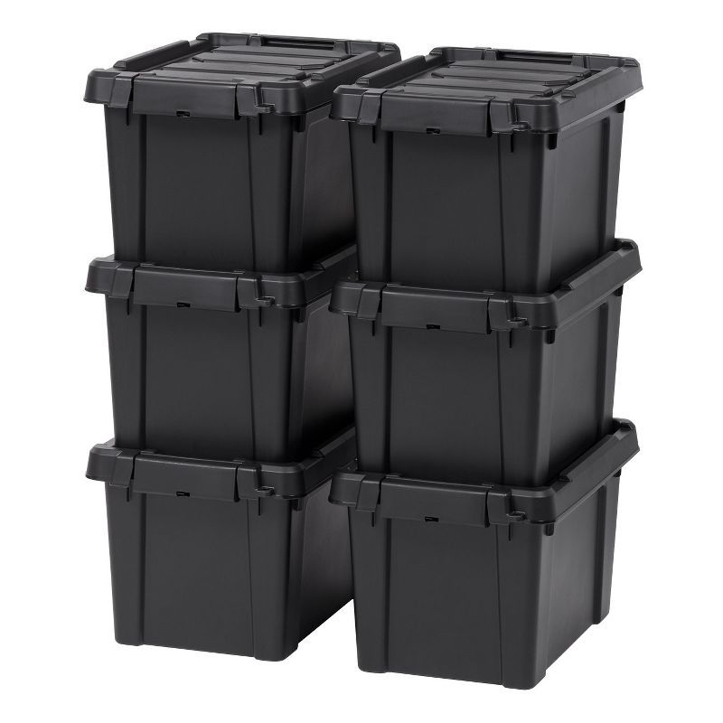 Black Heavy Duty Stackable Plastic Storage Bins with Lids, 5 Gallon, 6 Pack