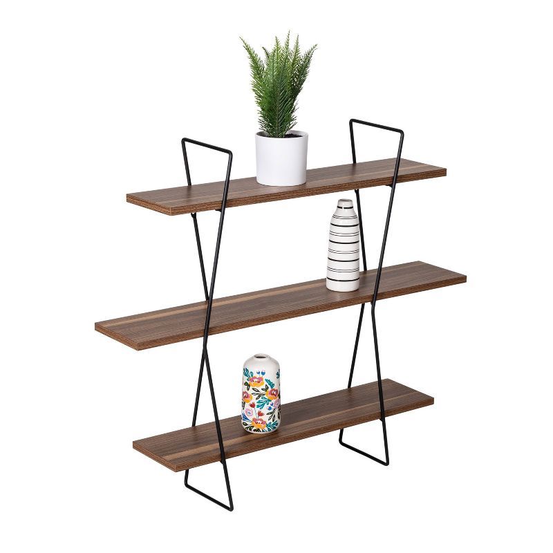 Industrial Black Steel and Wood 3-Tier Wall Shelf