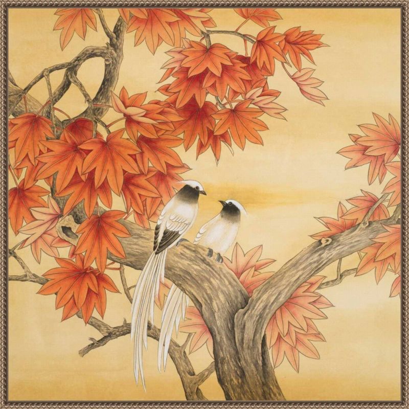 Autumn Love Birds Framed Canvas Wall Art with Beaded Perimeter