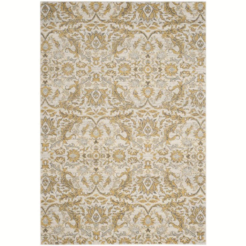 Ivory and Gold High Pile Floral Synthetic Area Rug