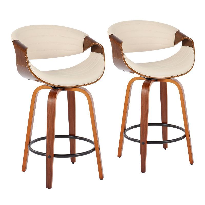 Symphony Cream Faux Leather and Walnut Wood Swivel Counter Stool