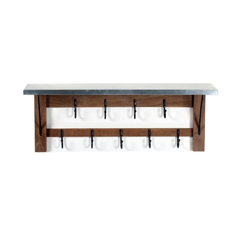 Industrial Medium Wood and Zinc Hook Shelf with Iron Hooks