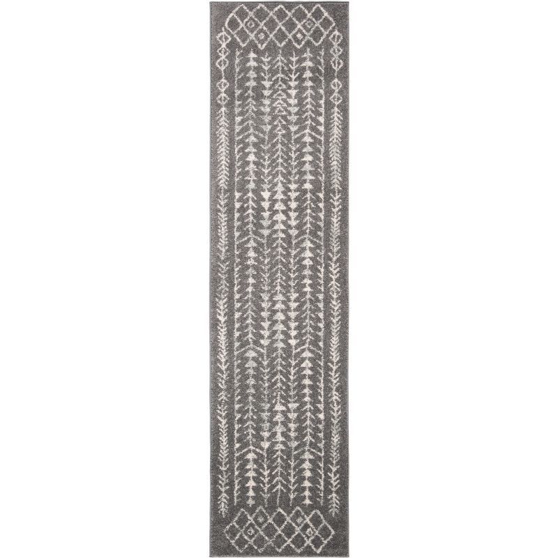 Dark Grey and Ivory Hand-knotted Geometric Runner Rug