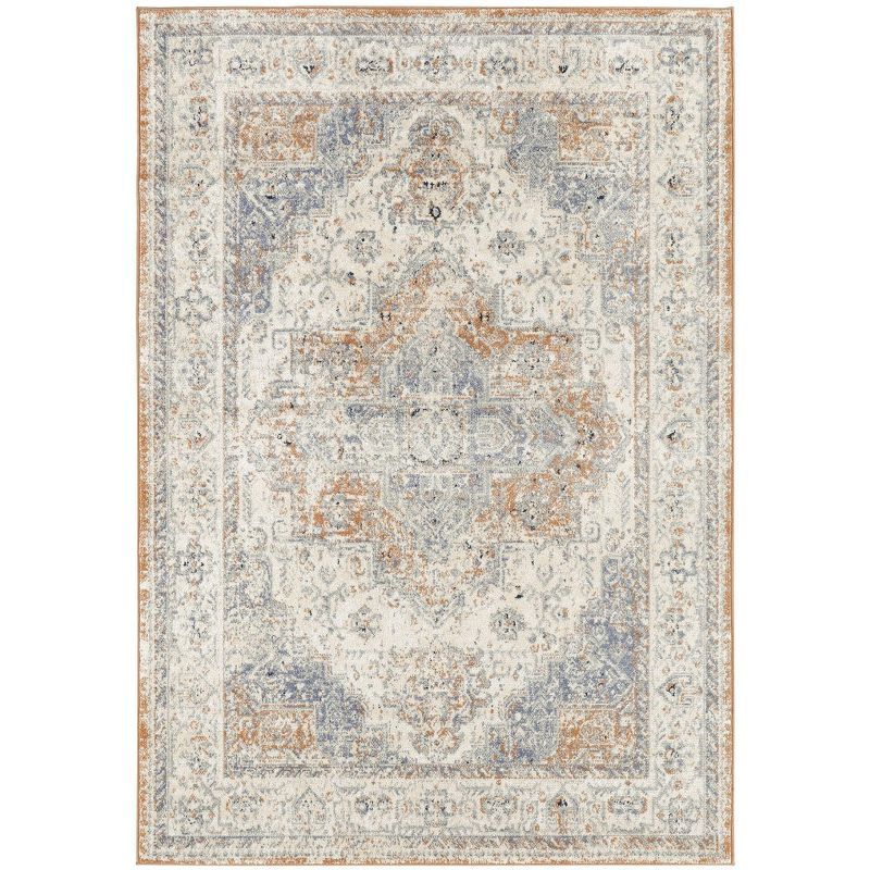 Beige Blue Rectangular 5' x 7' Synthetic Outdoor Rug