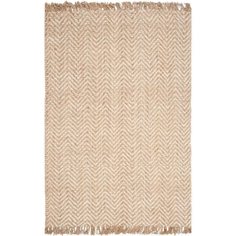 Ivory and Natural Hand-Knotted Wool Area Rug with Fringe