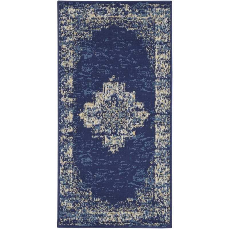 Navy Blue Medallion Tufted Synthetic Area Rug 2' x 4'