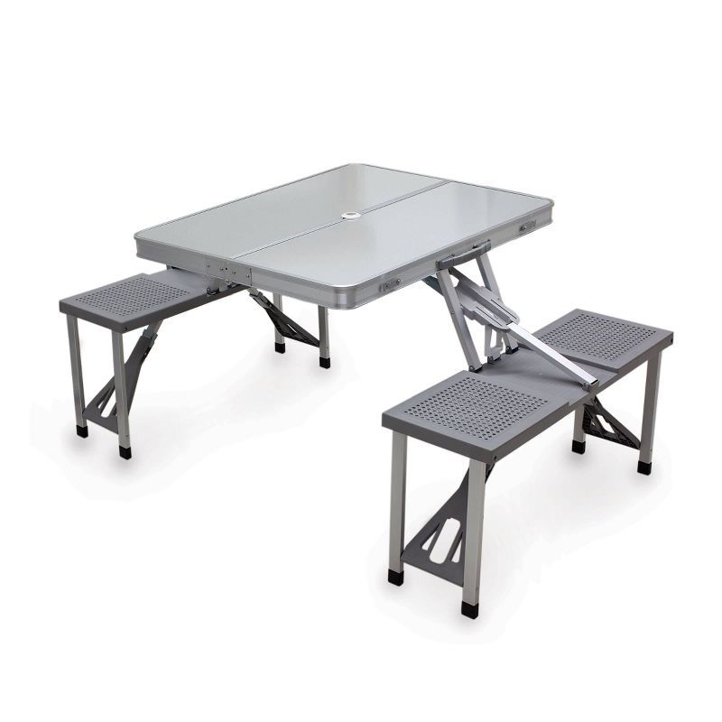 Silver Aluminum Folding Picnic Table with Seats and Umbrella Hole