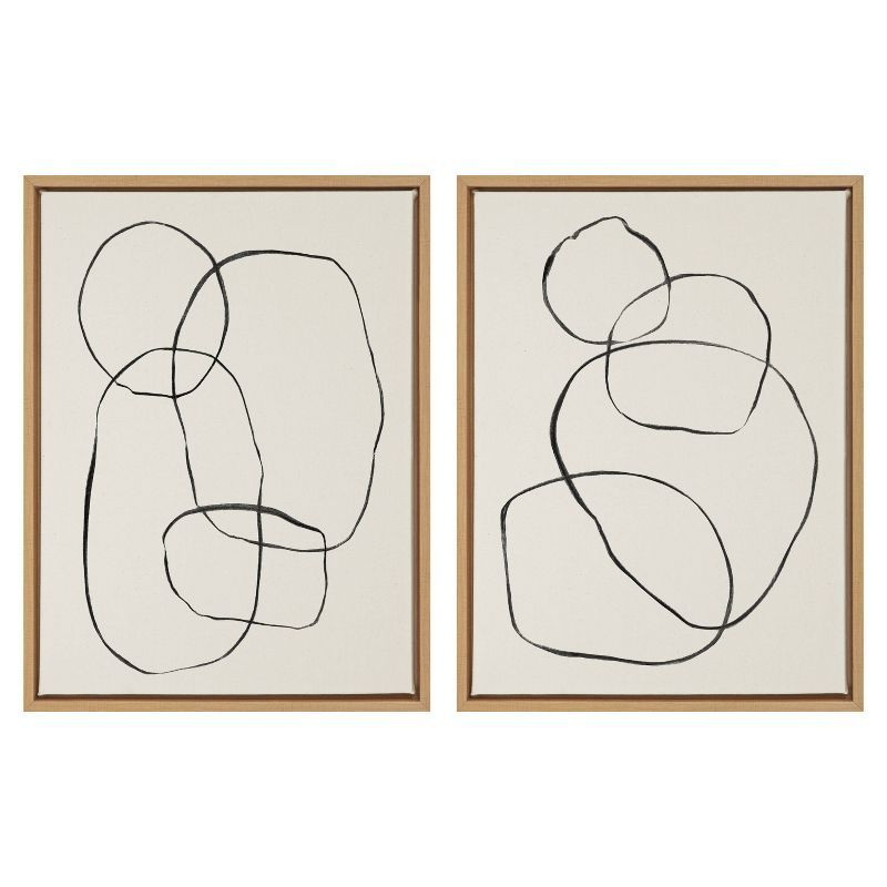 Set of 2 Abstract Black and White Canvas Art with Natural Frames