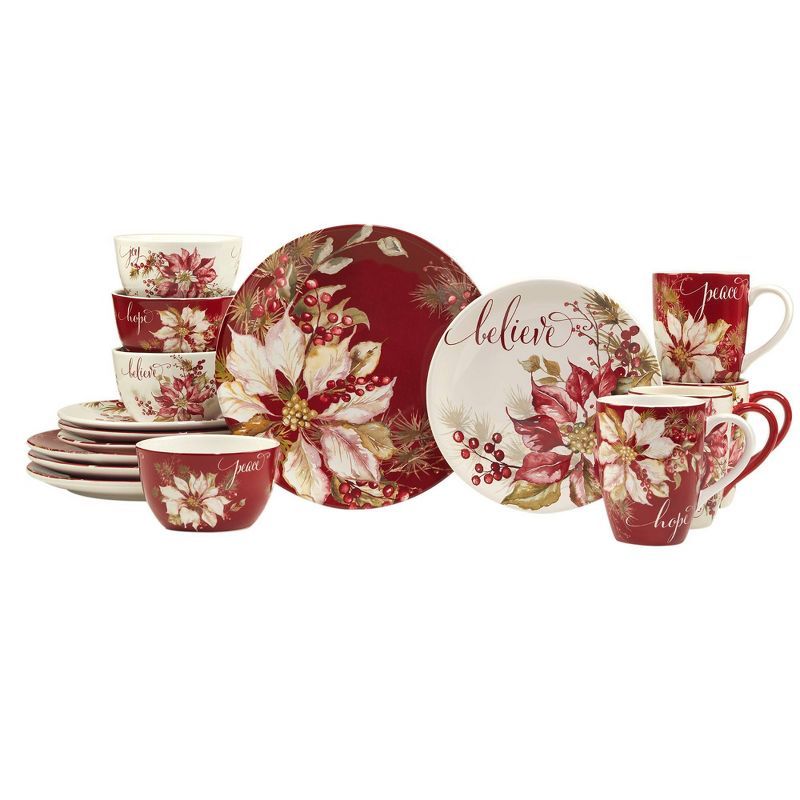 Winter's Joy Red and White Ceramic Holiday Dinnerware Set, Service for 4