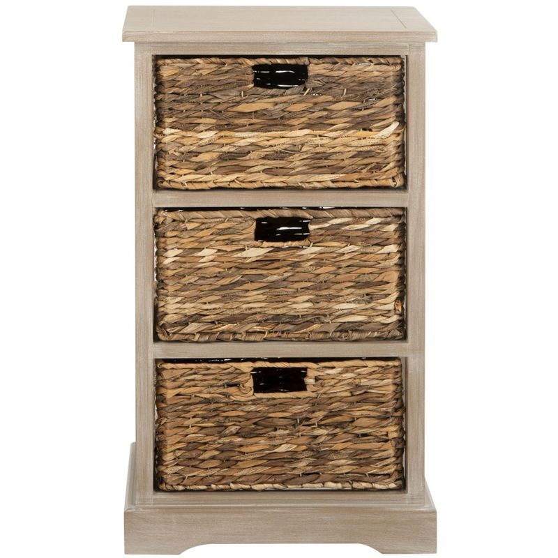 Transitional Brown Pine Wood Rectangular Side Table with 3 Wicker Baskets