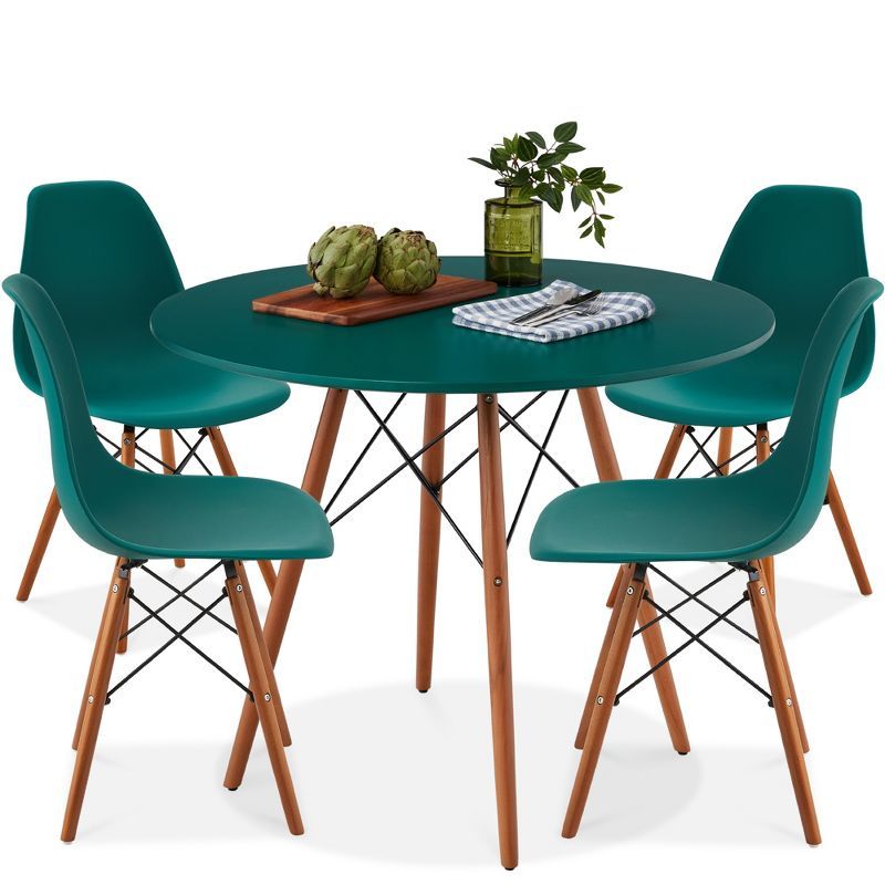 5-Piece Dark Green and Walnut Mid-Century Modern Dining Set