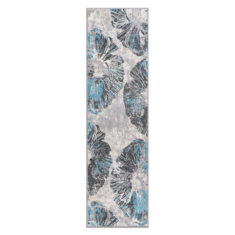 Blue and Gray Floral Stain-Resistant Runner Rug 2' x 7'