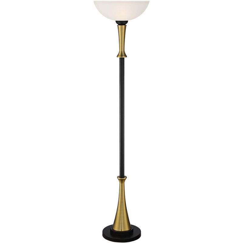 Art Deco Inspired Black Brass Torchiere Floor Lamp with Frosted Glass