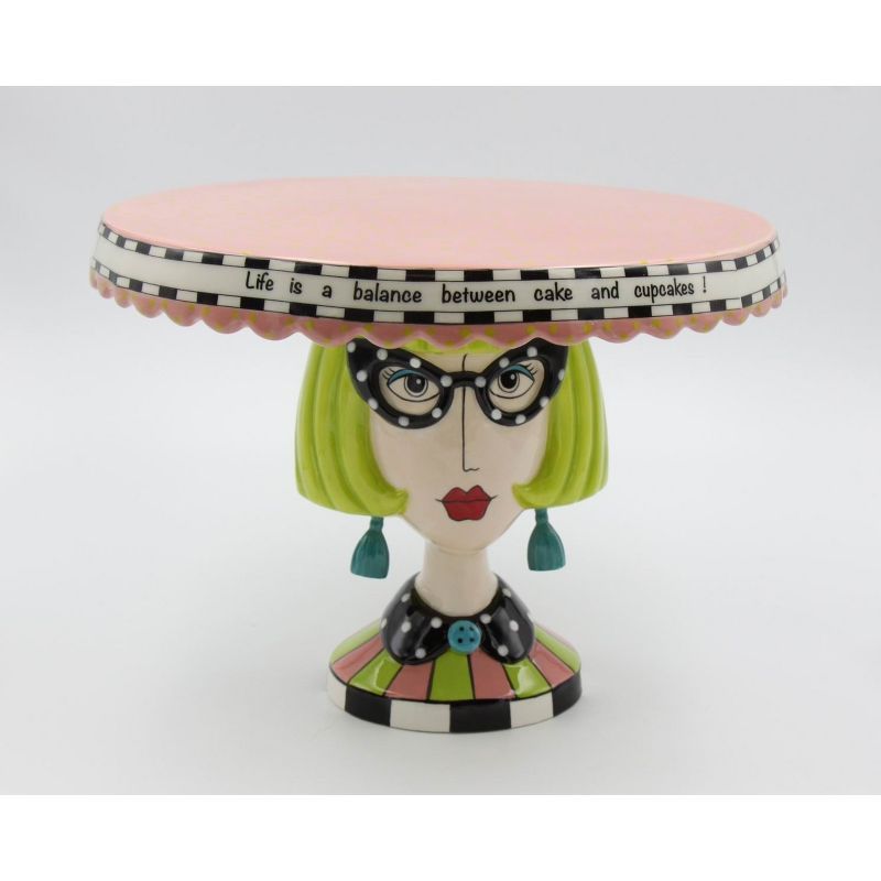 Colorful Ceramic Lady Pedestal Cake Stand with Painted Finish