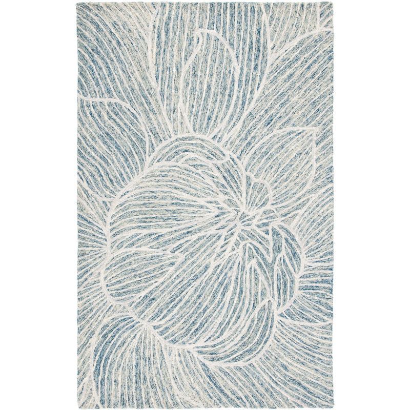 Blue and Ivory Floral Hand-Tufted Wool Area Rug, 4' x 6'