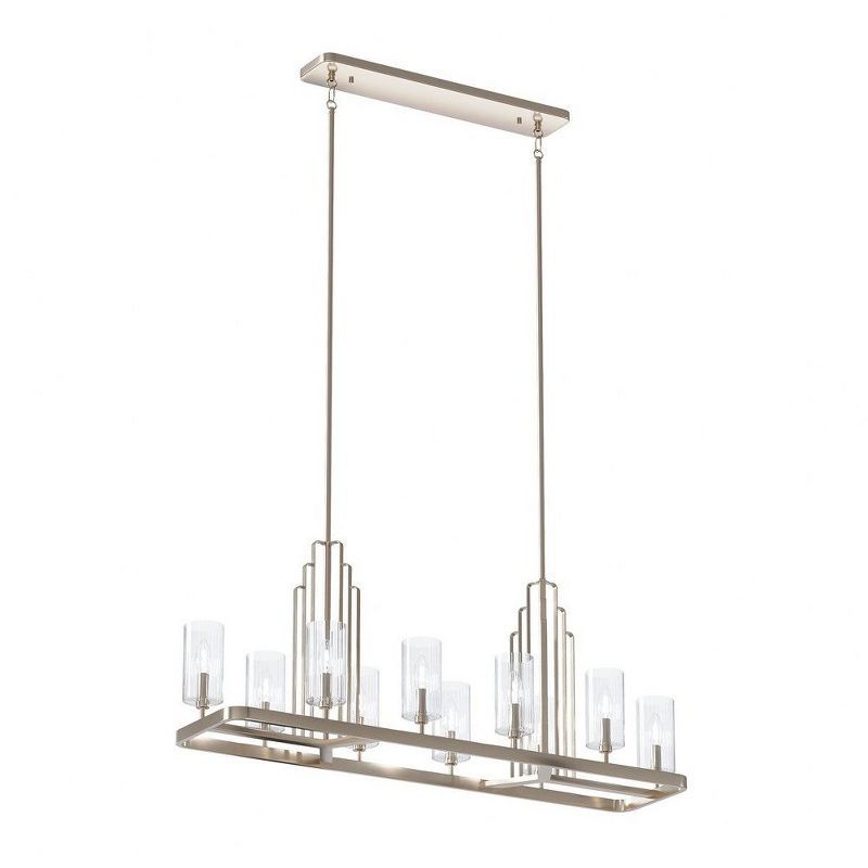 Kimrose Polished Nickel 10-Light Linear Chandelier with Clear Fluted Glass