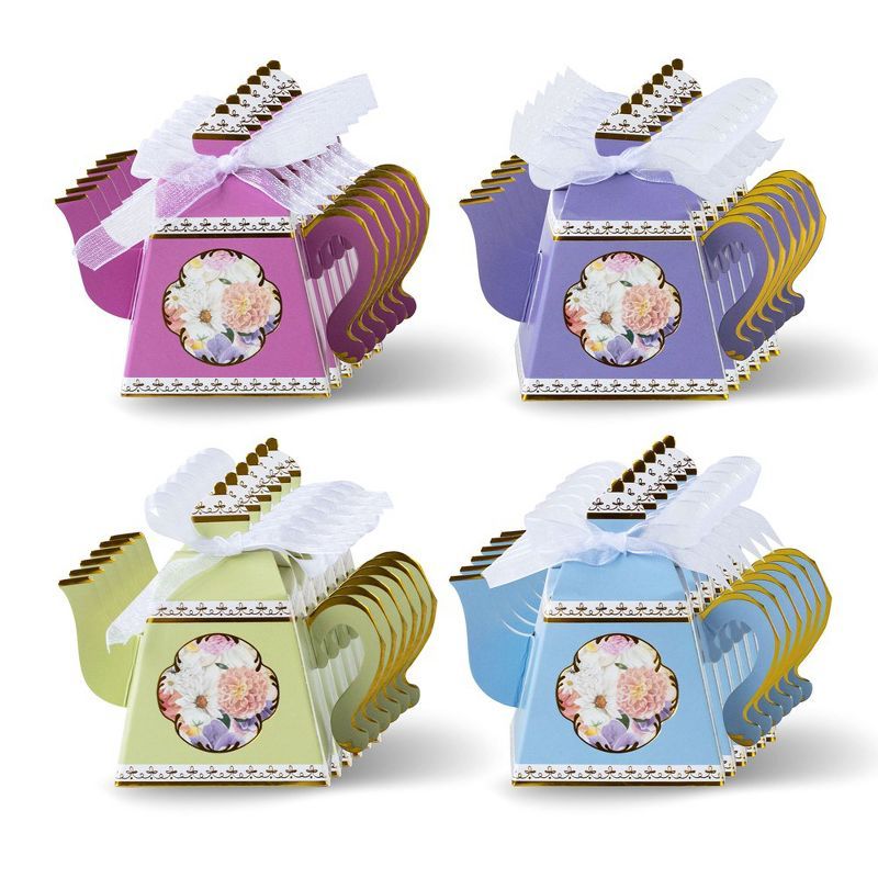 Assorted Pastel Floral Teapot Favor Boxes with Ribbon (Set of 24)