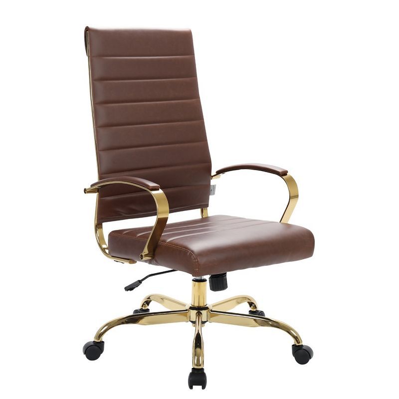 Benmar High-Back Brown Leather Swivel Office Chair with Gold Frame