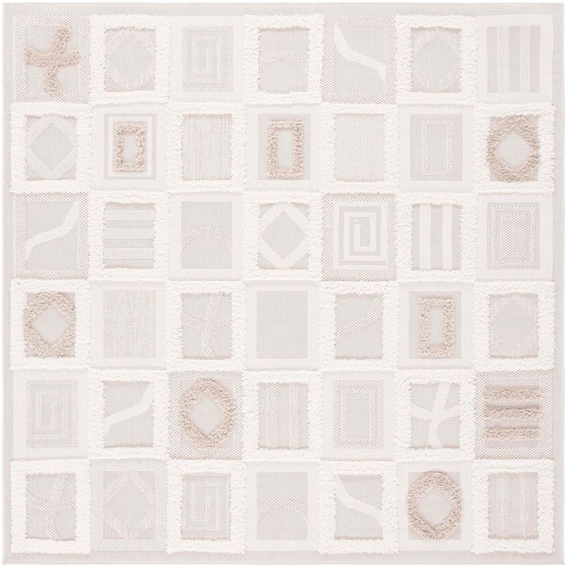 Ivory Geometric Flat Woven Synthetic Square Rug, 6'7" x 6'7"