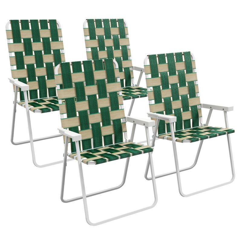 Set of 4 Green Woven Strap Folding Camping Chairs with Armrests