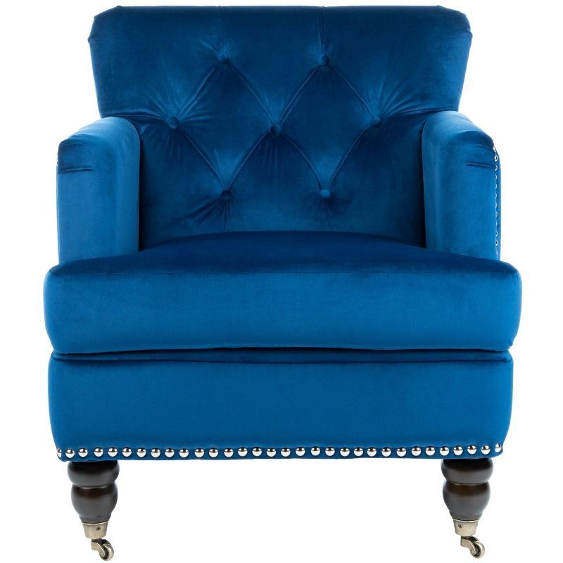Navy Velvet Tufted Arm Chair with Espresso Wood Legs