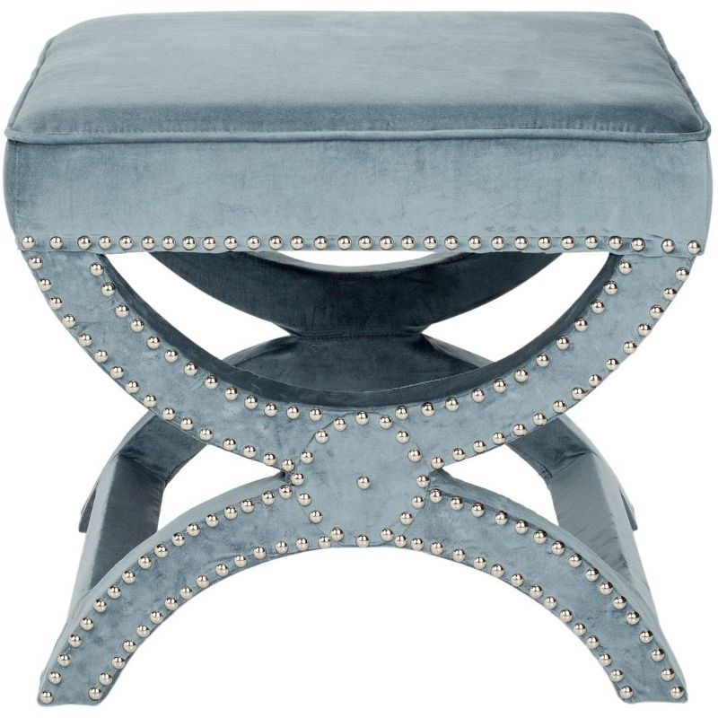 Mystic Blue Velvet Box Ottoman with Nailhead Detailing