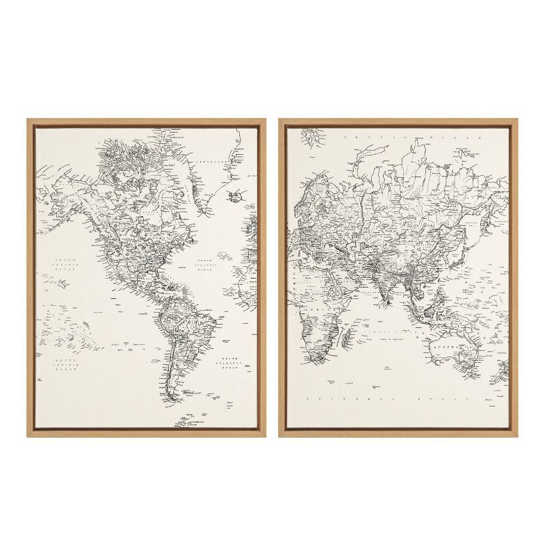 Vintage Black and White World Map Framed Canvas Set