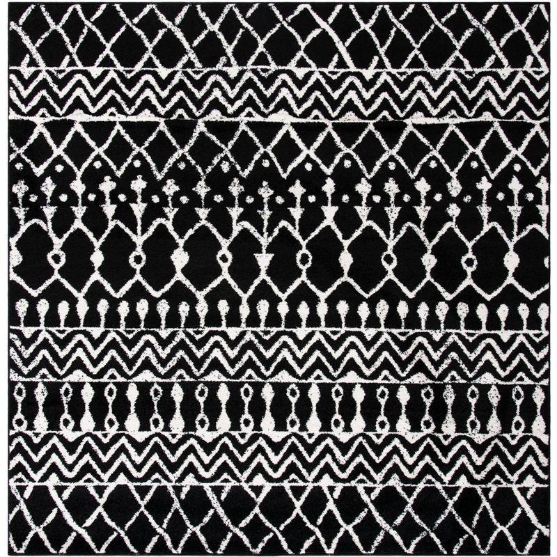 Hand-Knotted Black and Ivory Square Synthetic Area Rug