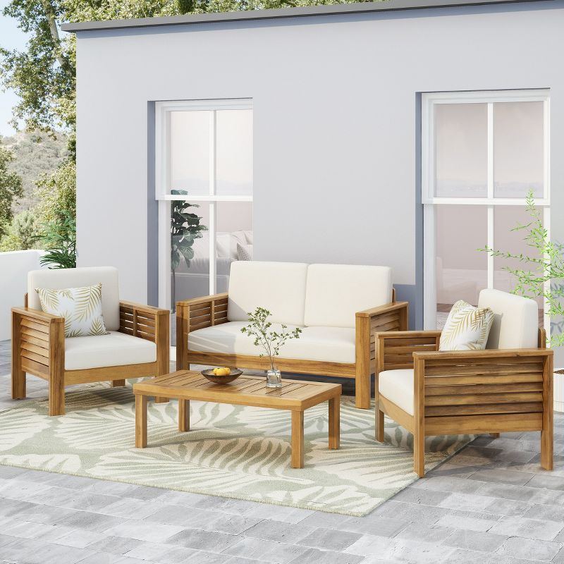 Teak and Cream Acacia Wood 4-Piece Outdoor Chat Set