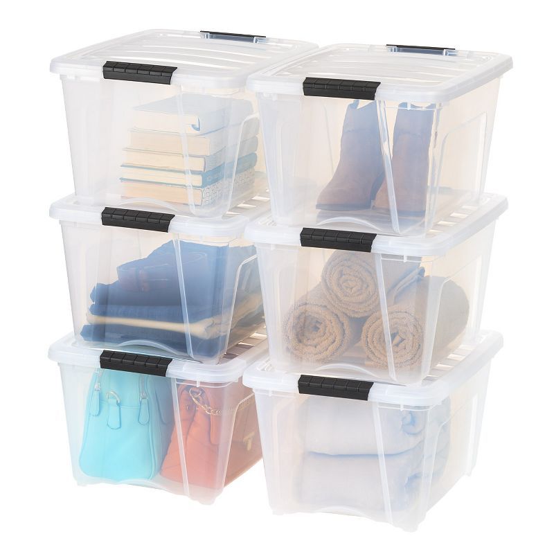 Clear 32 Qt Stackable Plastic Storage Bins with Lids and Secure Latches - 6 Pack