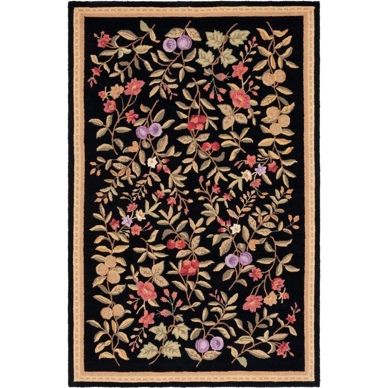 Black Floral Hand-Hooked Wool Small Rug