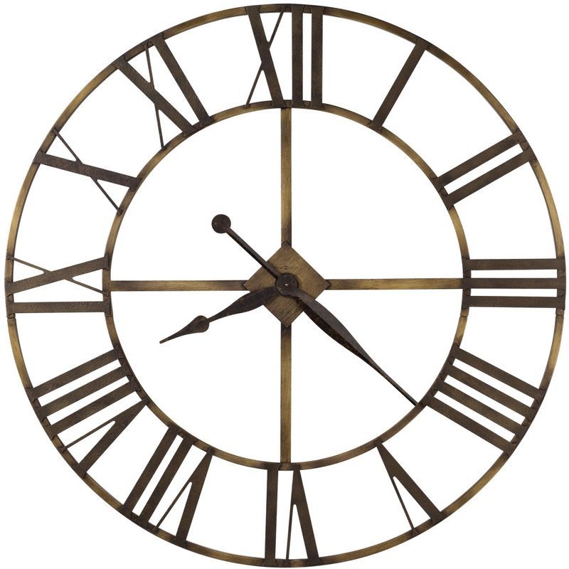 Oversized Antique Brass Metal Wall Clock with Roman Numerals