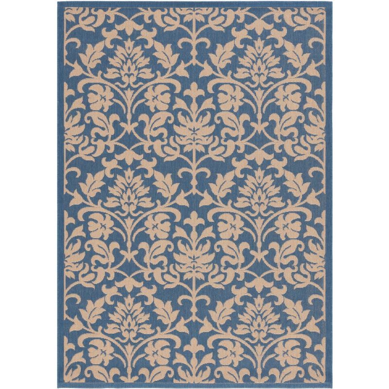 Blue and Natural Floral Motif Rectangular Outdoor Rug