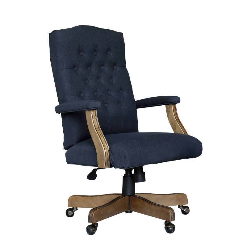 Elegant Denim Blue High-Back Executive Chair with Driftwood Wood Base