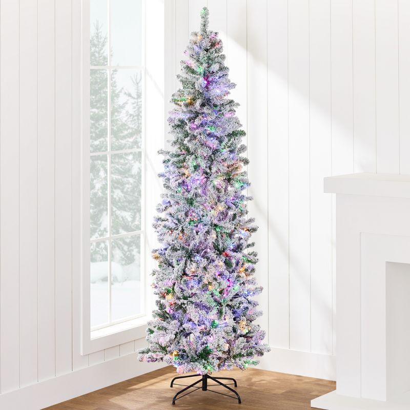 7.5ft Snow Flocked Pencil Christmas Tree with Multicolor Lights