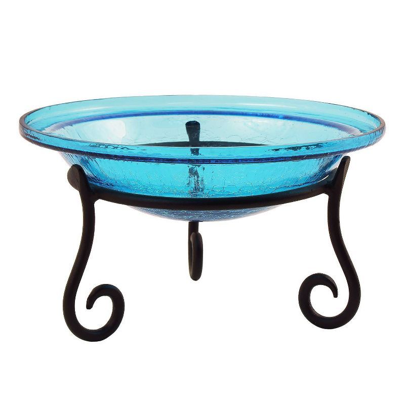 Teal Crackle Glass Birdbath Bowl with Wrought Iron Stand