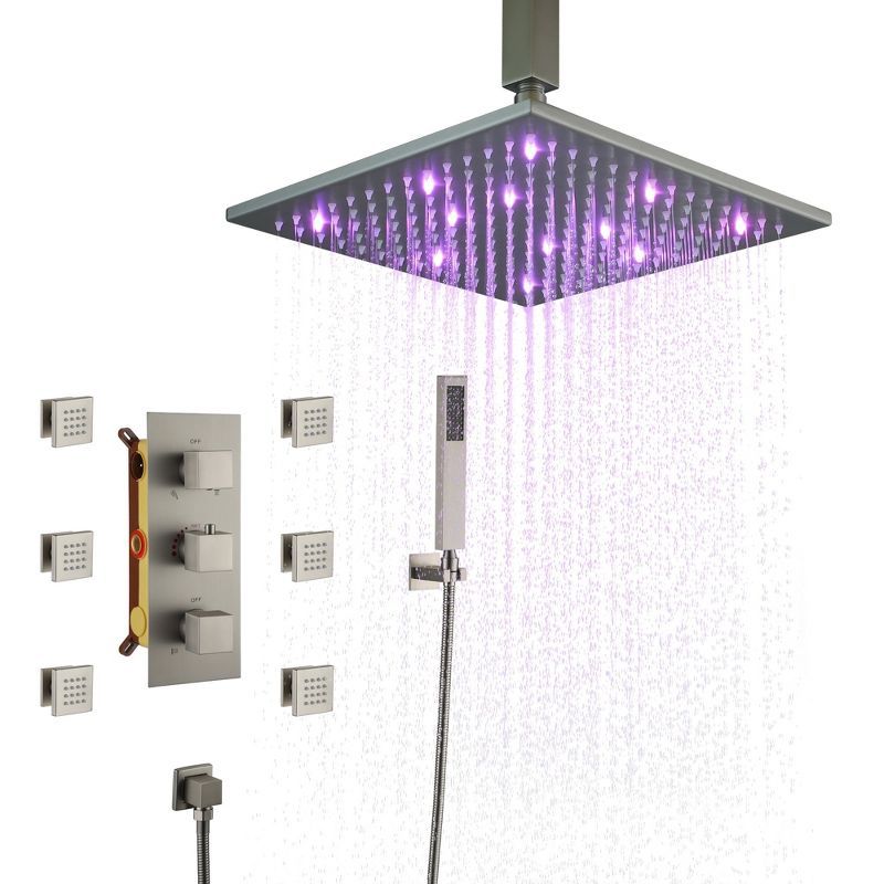 Brushed Nickel LED Thermostatic Multi-Function Shower System with Body Jets